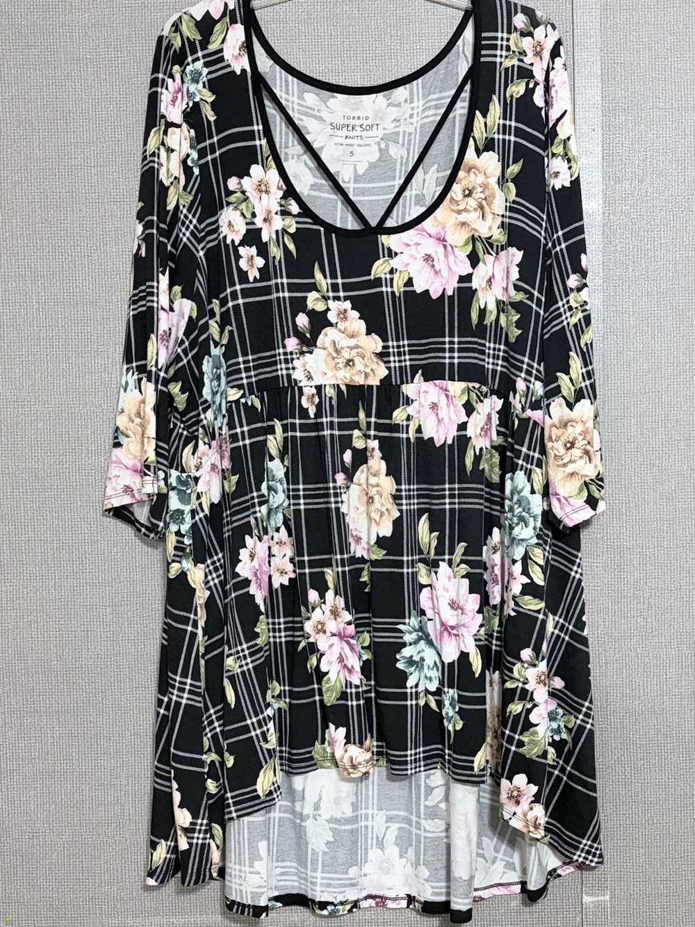 torrid Black Floral Plaid Crisscross Tiered Tunic